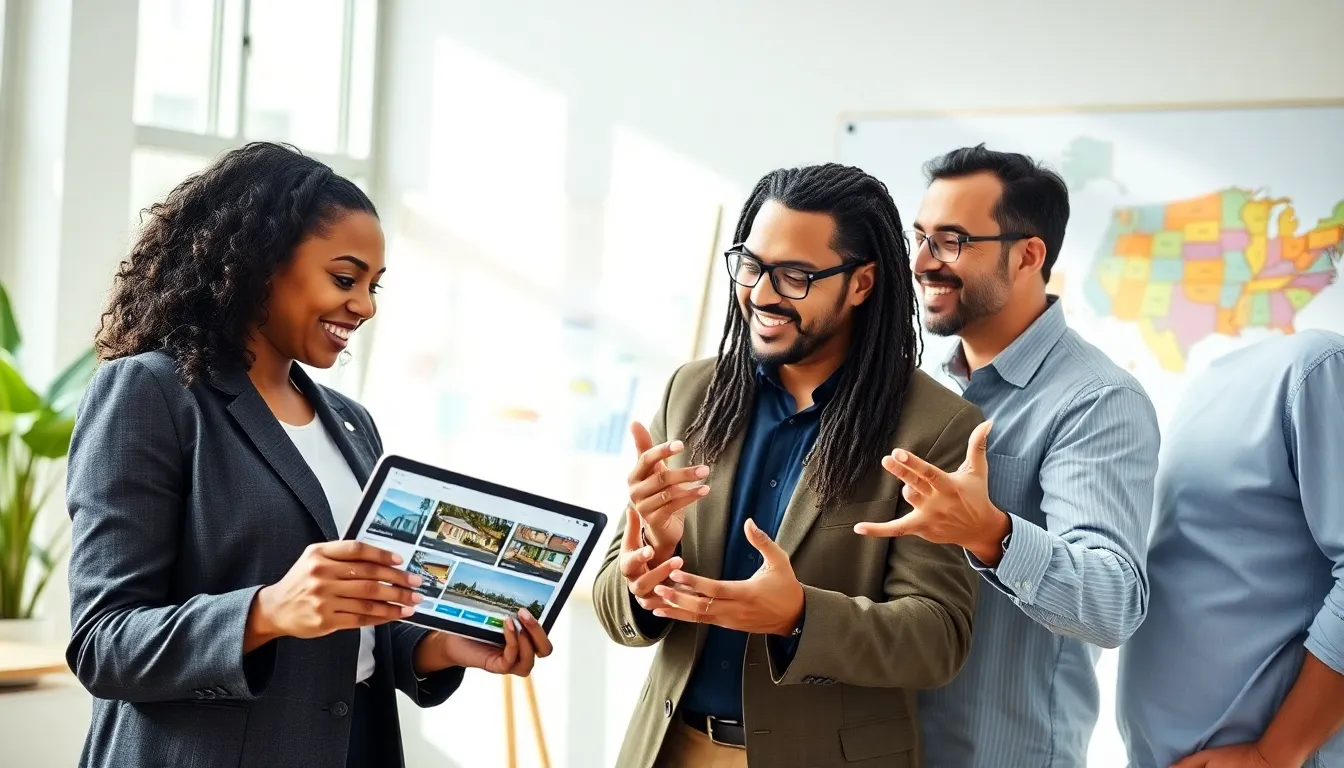 A diverse real estate team collaborating in a bright office space.