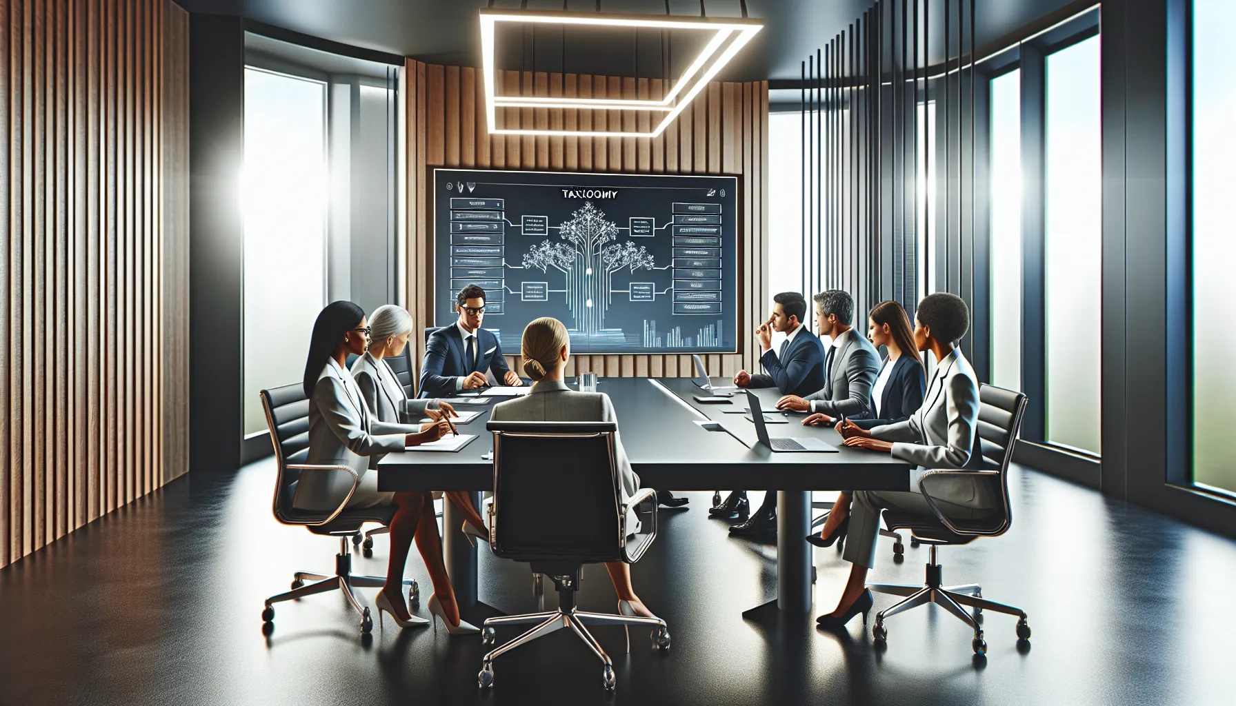 diverse healthcare professionals discussing medical taxonomy in a modern office.