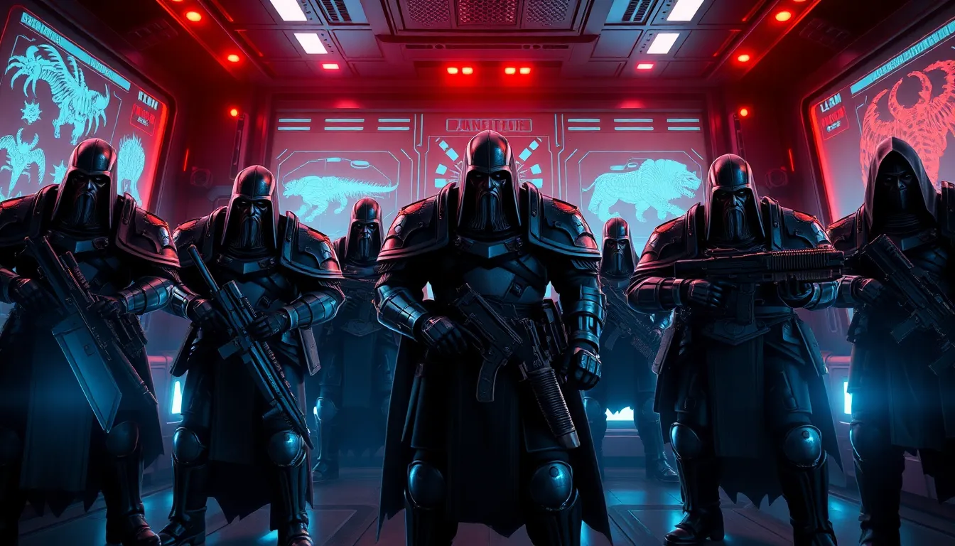 Daemonhunters strategizing in a futuristic command center.