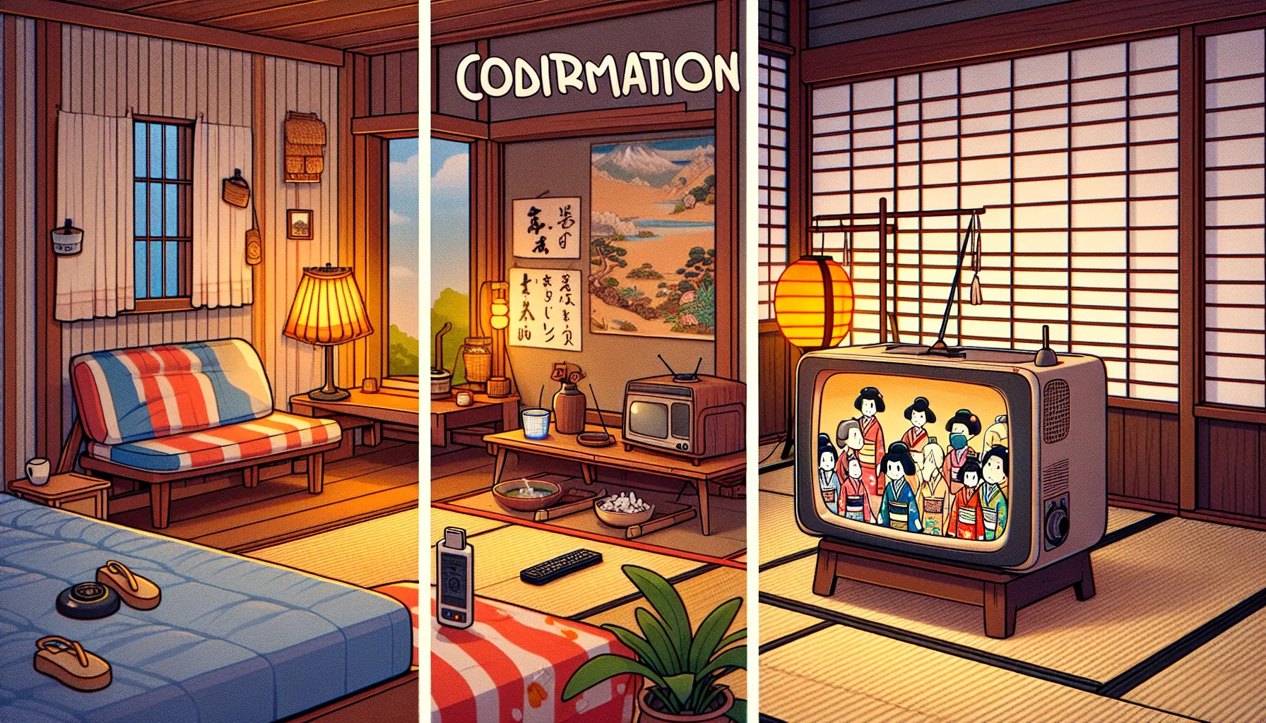 A display comparing Western cartoons and Japanese anime styles in traditional settings.