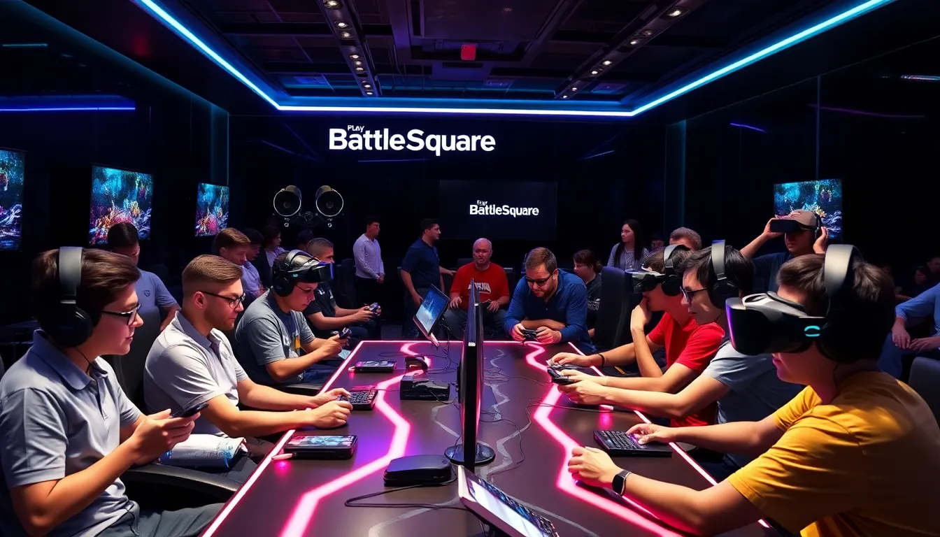 diverse gamers enjoying various games in a modern gaming room.