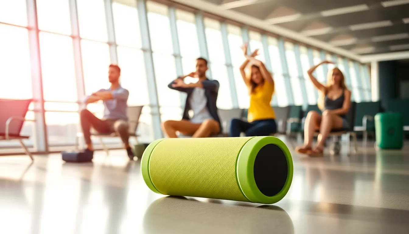 travel foam roller being used in an airport lounge setting.