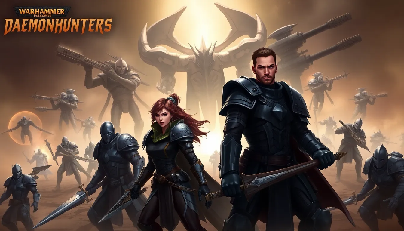 Inquisitors and Grey Knights battling chaos entities in a war-torn landscape.