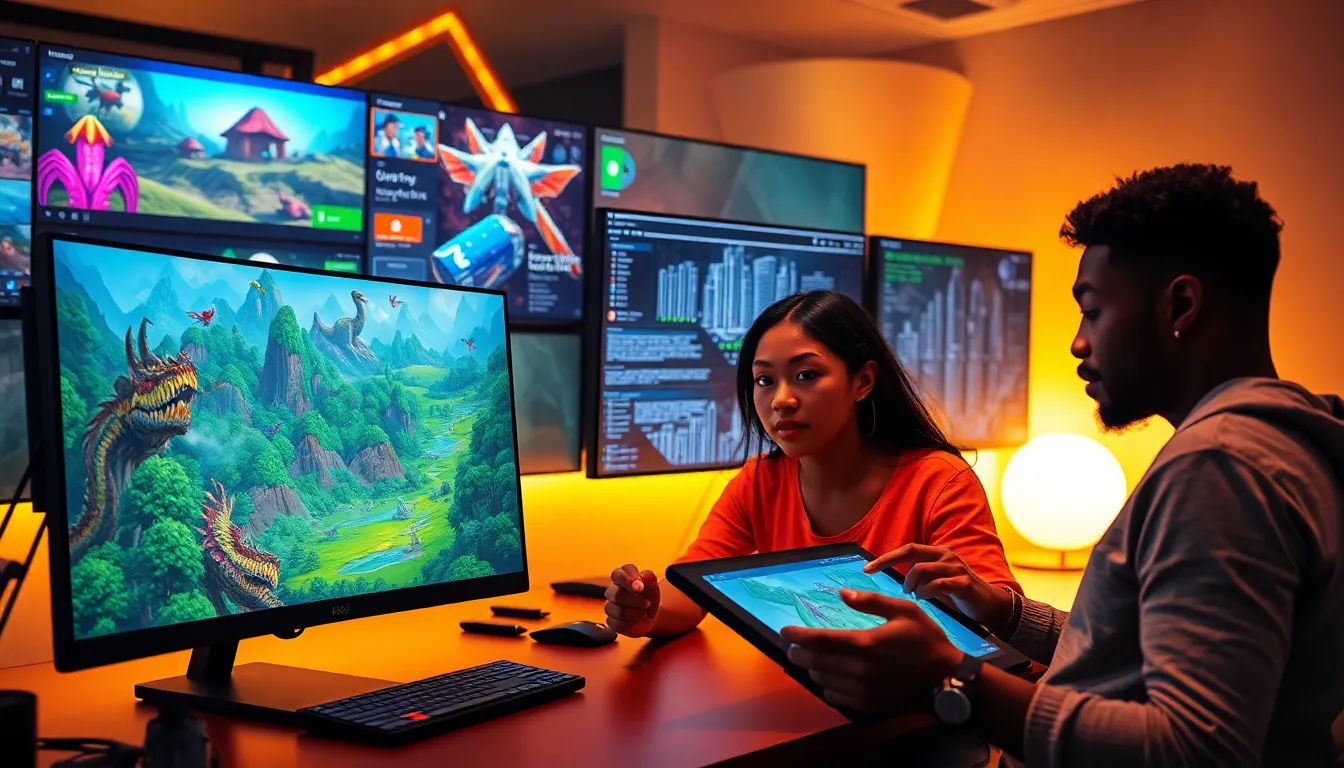 diverse gamers collaborating in a creative gaming workspace.