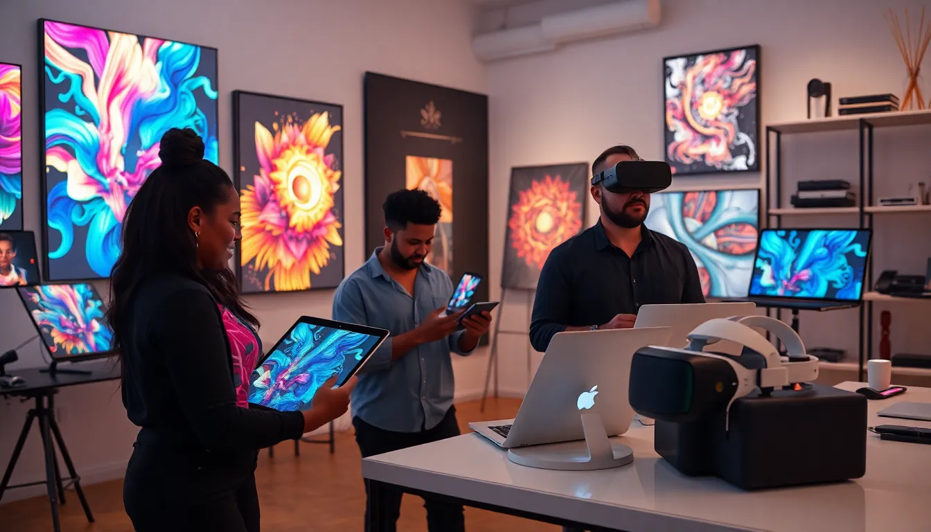 diverse professionals creating digital art in a modern studio.