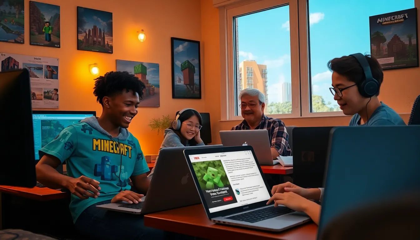 a group of gamers discussing Minecraft content in a cozy gaming room.