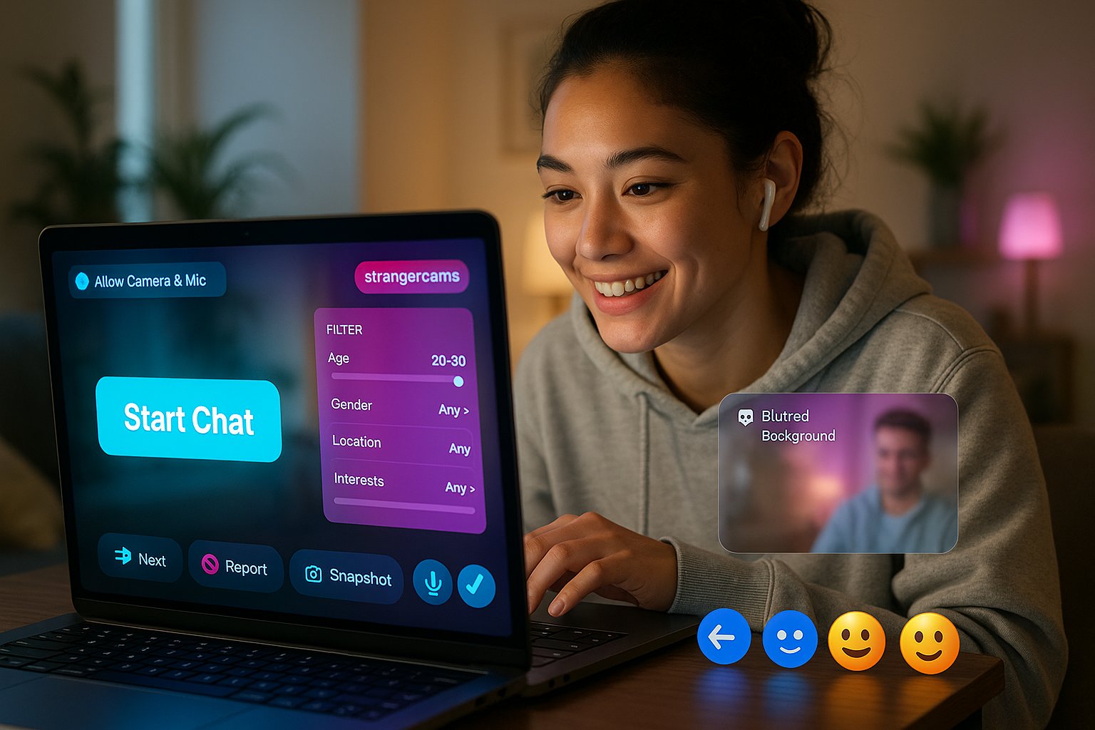 Person at laptop using a video chat interface with filters and quick-match controls.