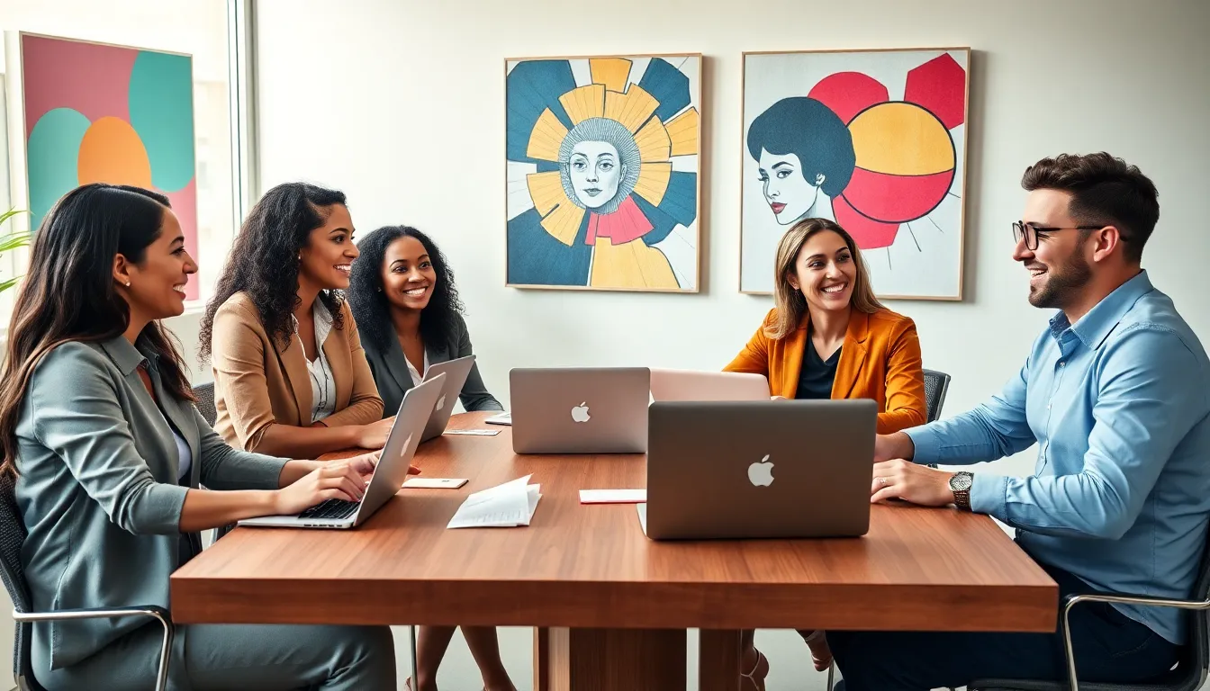 diverse professionals engaged in a lively discussion in a modern workspace.