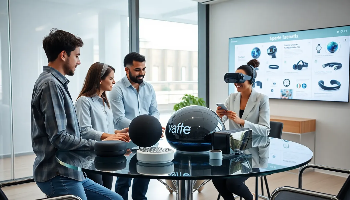professionals discussing innovative sphere-shaped technologies in a modern office.