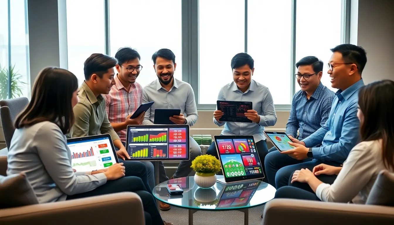 diverse group discussing lottery strategies in a modern office.