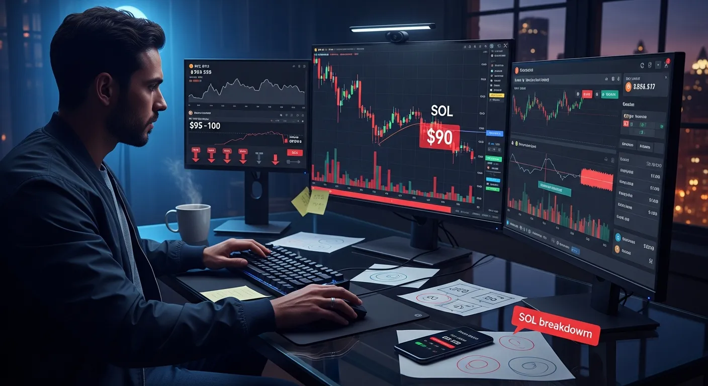 Trader at desk watching Solana price plunge toward $90 on multiple screens.
