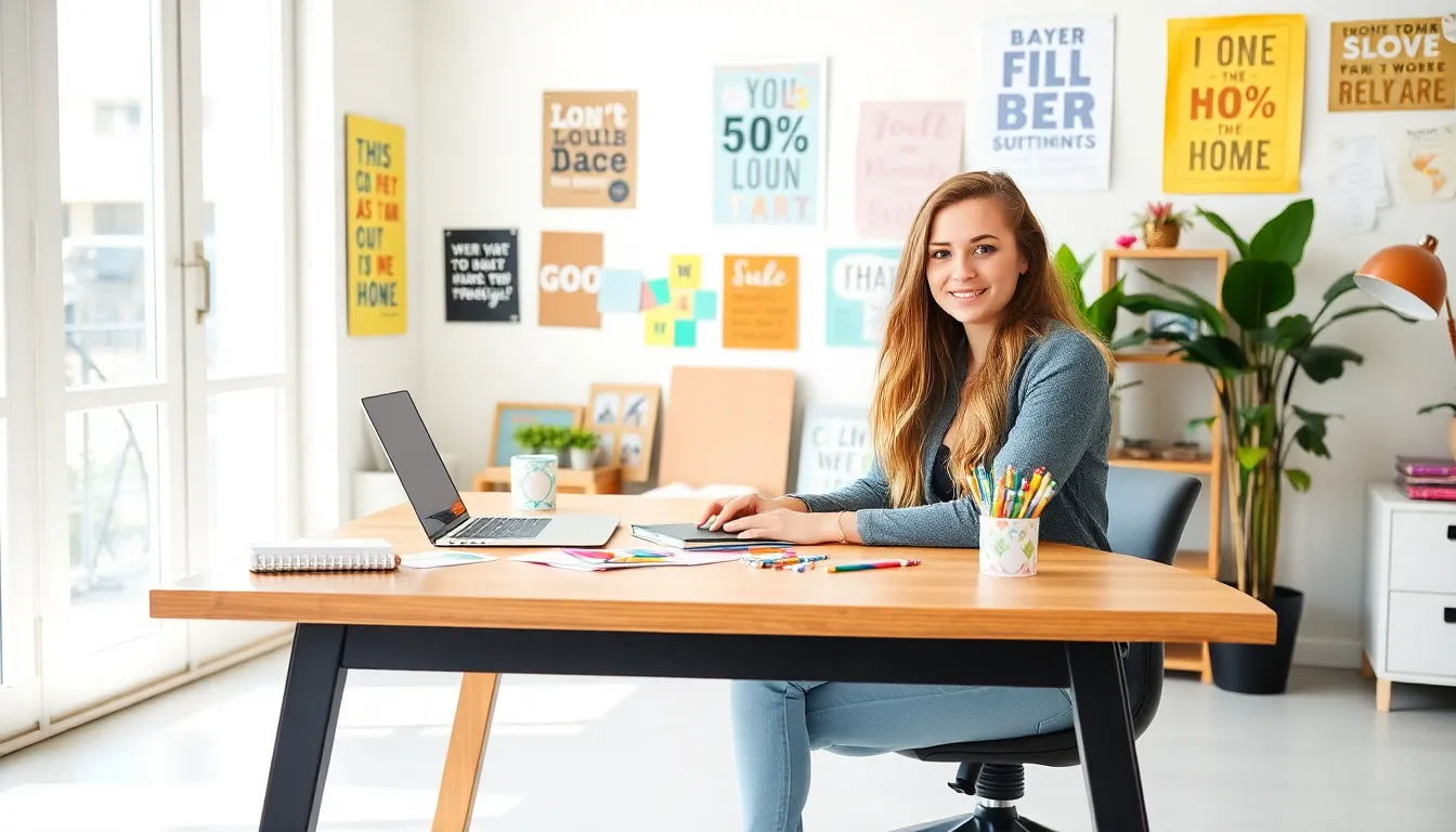 young woman creating content in a bright workspace.
