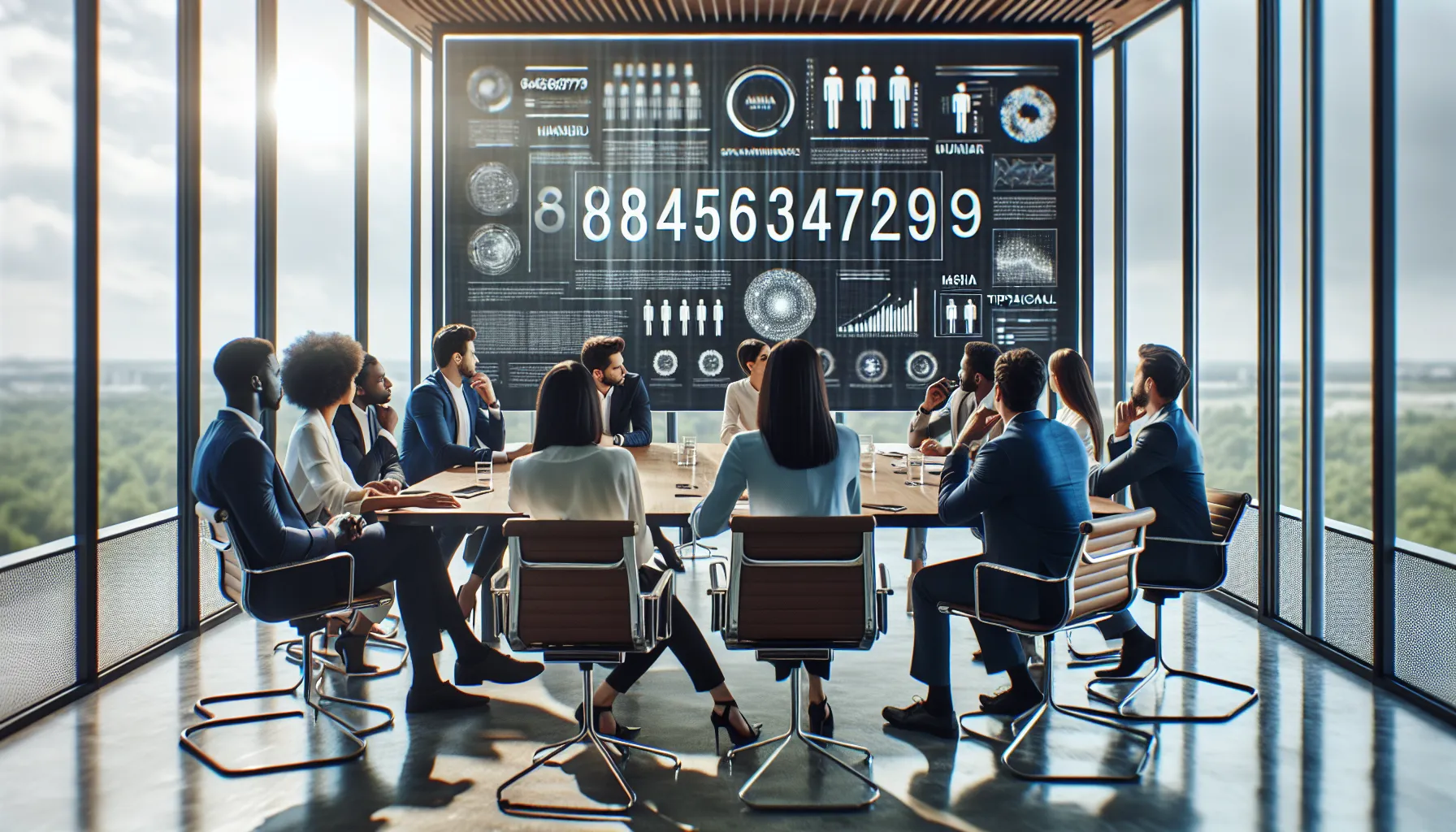 diverse team discussing the number 8456349729 in a modern office.