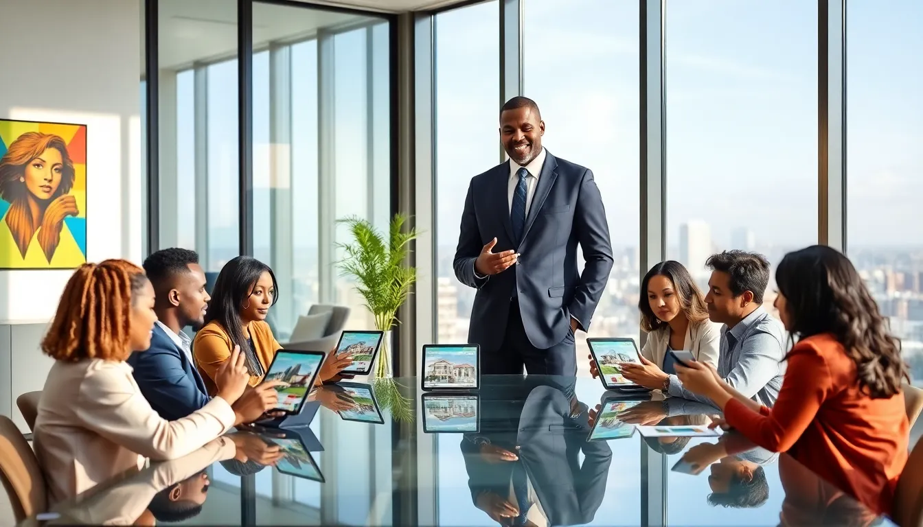 professional team in a real estate office discussing listings.
