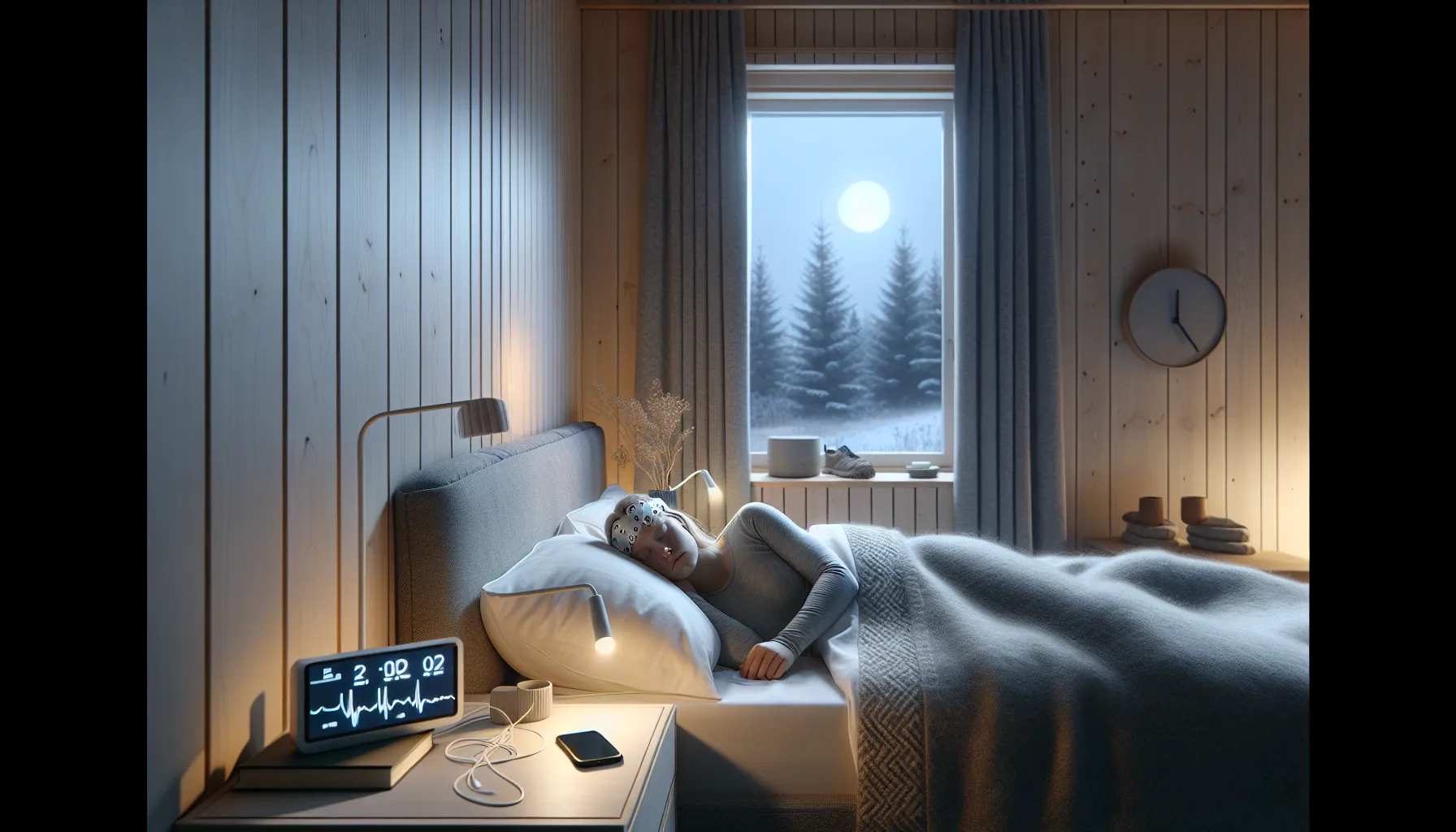 Søvnens superkraft: hvordan god søvnhygiene kan forebygge depresjon 3 Norwegian woman sleeping deeply with eeg headband in a dark, calm bedroom.