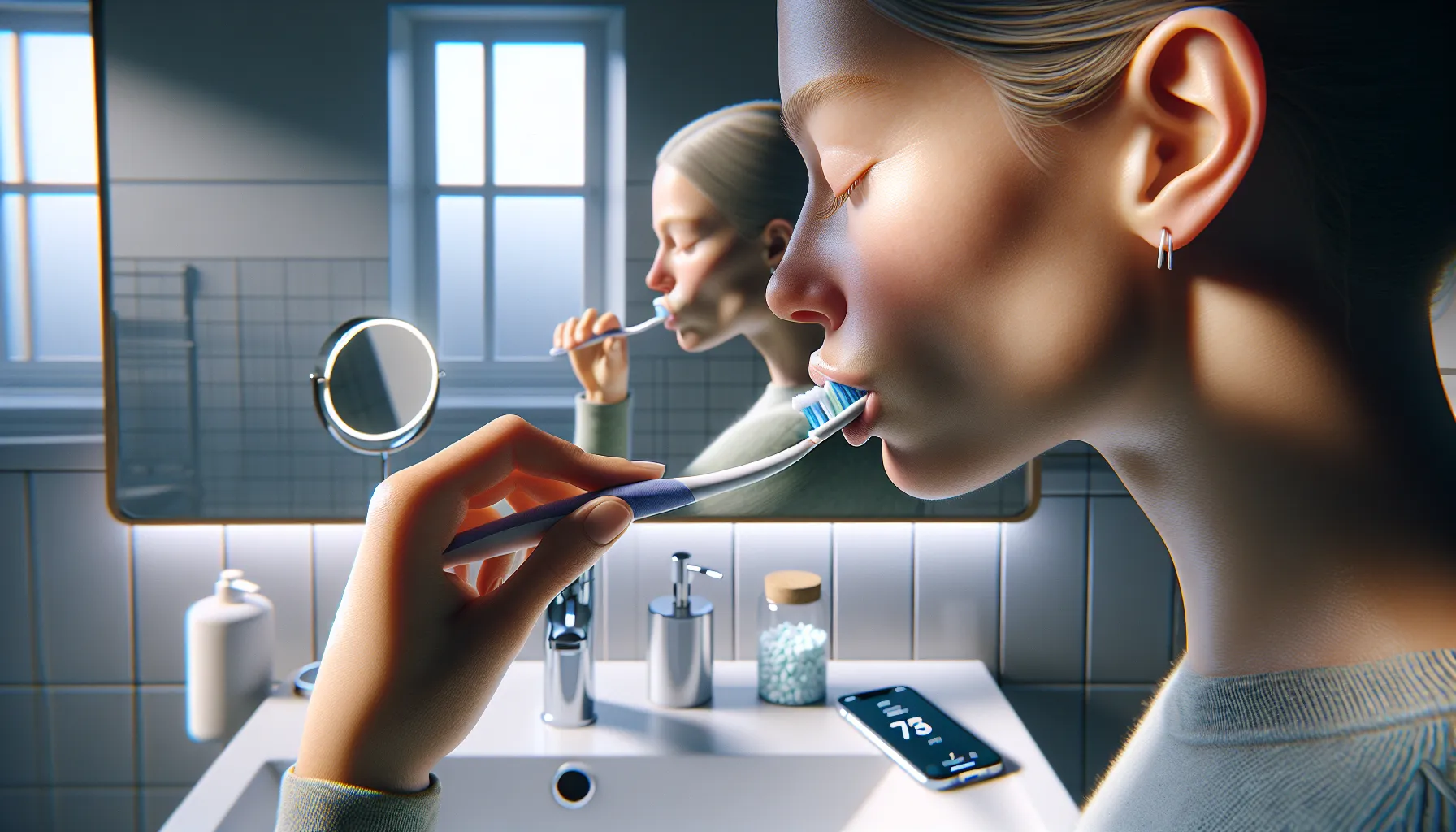 Hand using pinch grip to brush gently with a soft manual toothbrush.