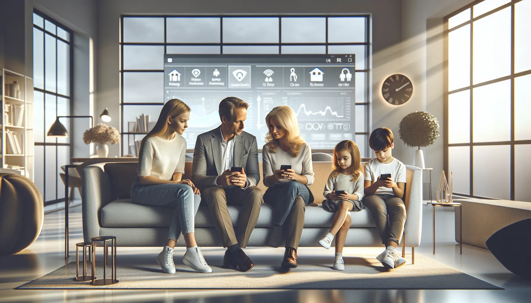 family discussing parental control apps in a modern living room.