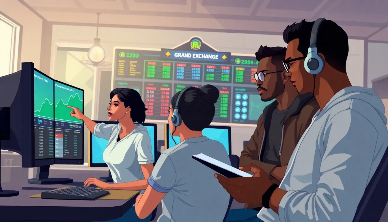 diverse gamers analyzing market trends in a modern gaming setup.