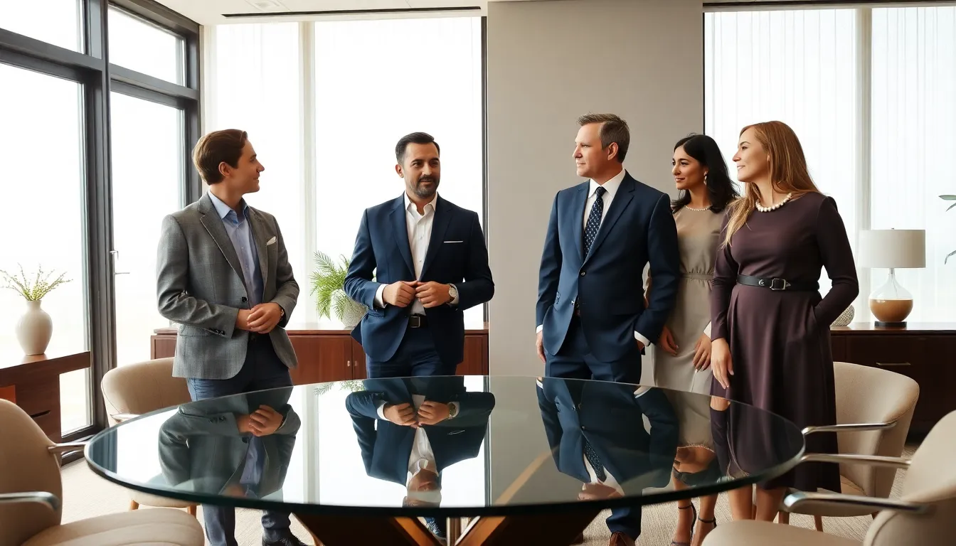 diverse professionals discussing modern old money fashion in an elegant office.