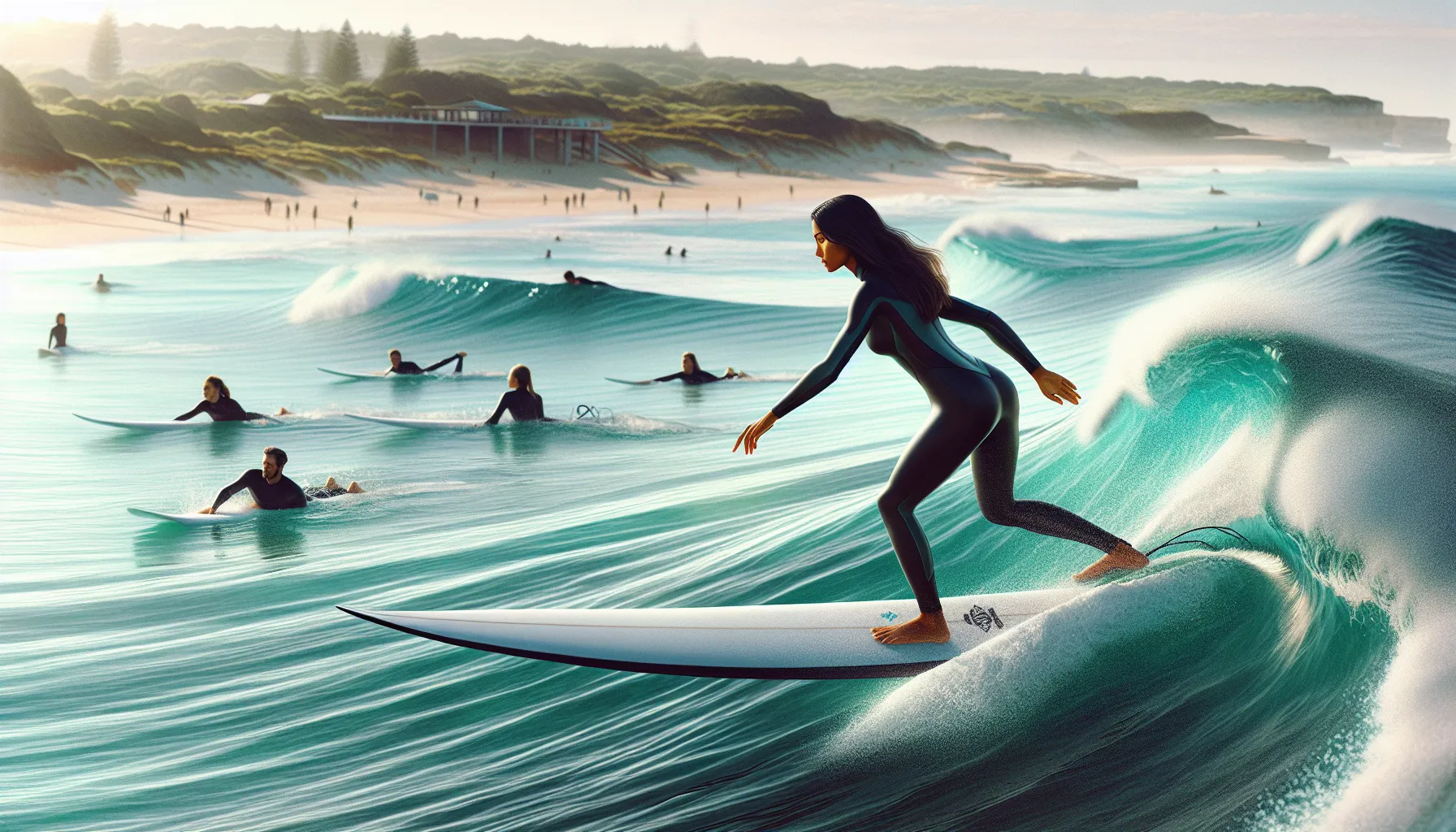A surfer glides on a wave under a sunny sky near a sandy shore.