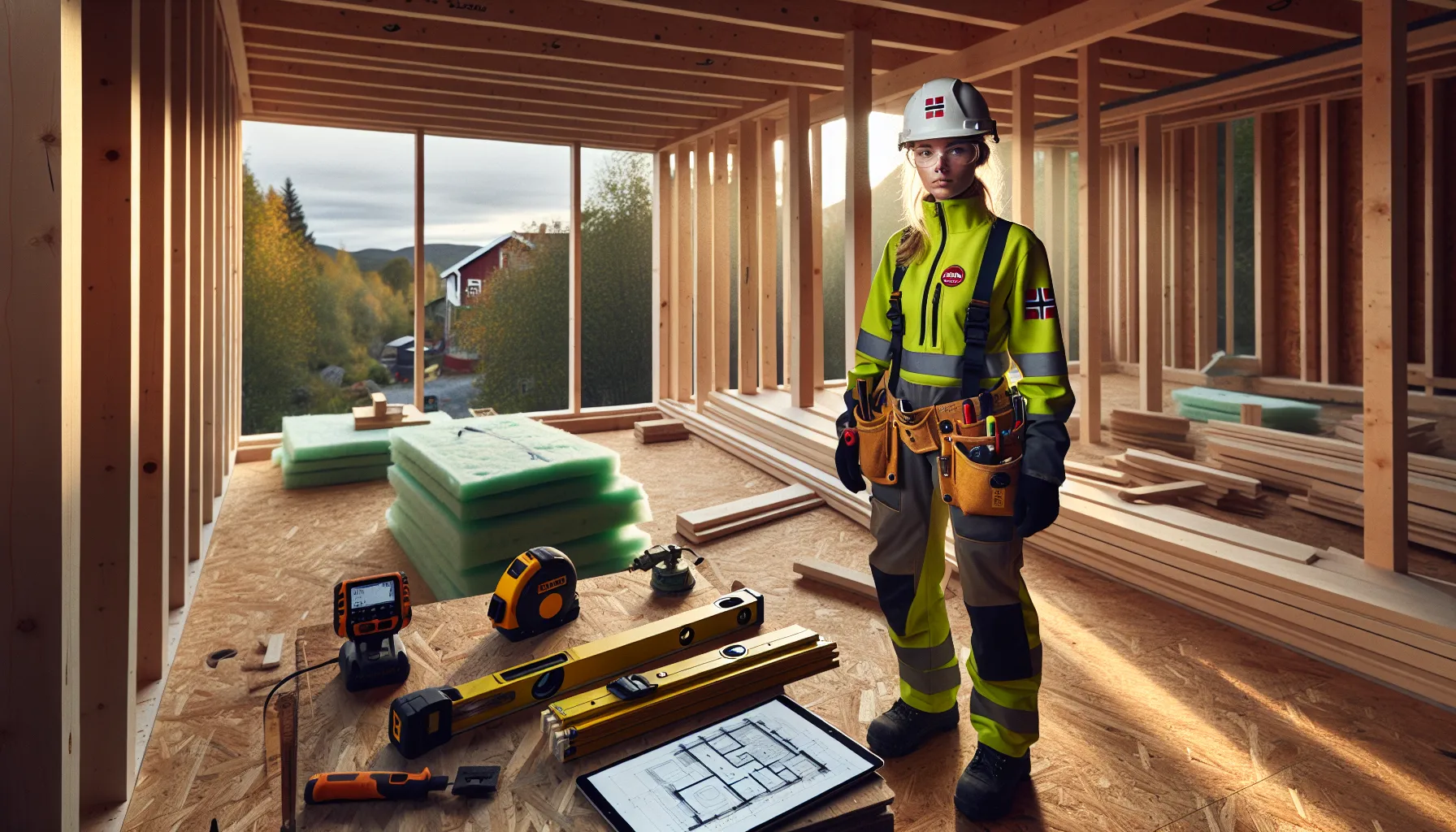 Slik utdanner du deg til tømrer – steg for steg 2 Norwegian apprentice carpenter checks plans inside a timber-frame house under construction.