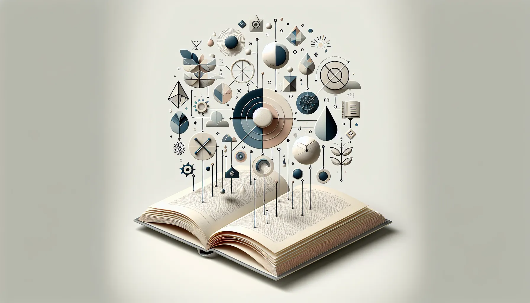 Open book with floating symbols representing literary themes and ideas