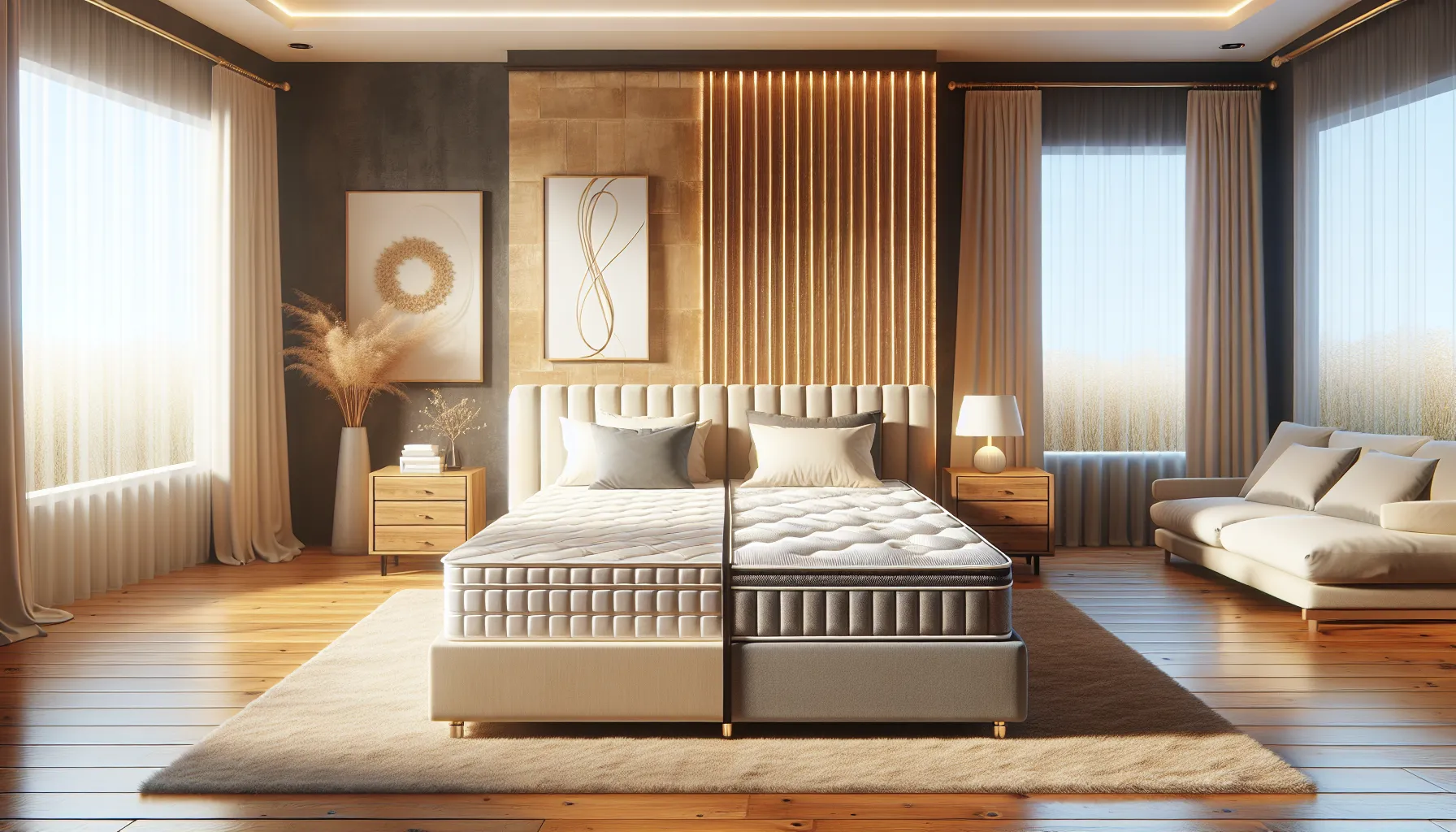 A room displaying innerspring and hybrid mattresses side by side for comparison.