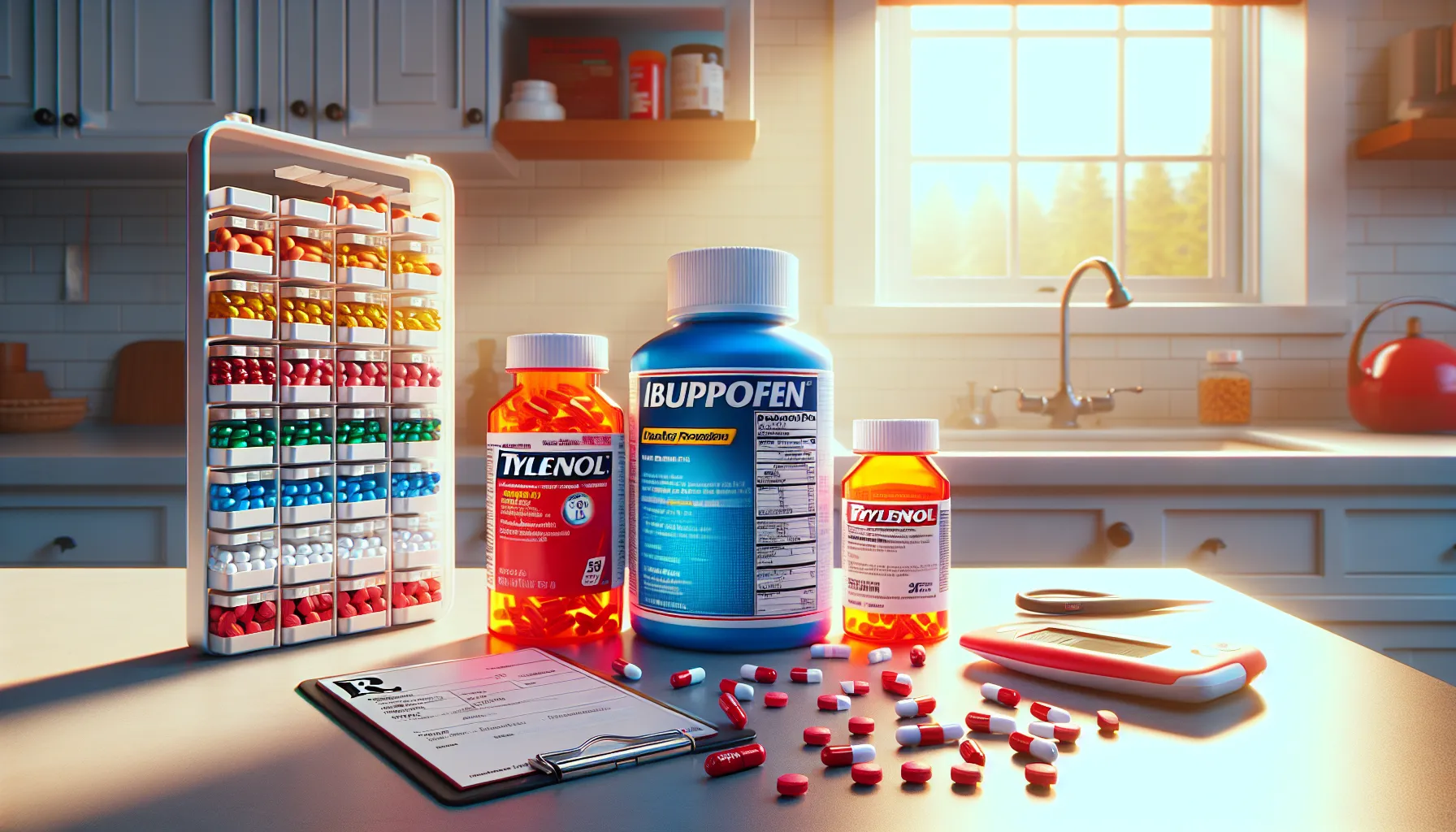 Ibuprofen and Tylenol on a kitchen countertop with health items.