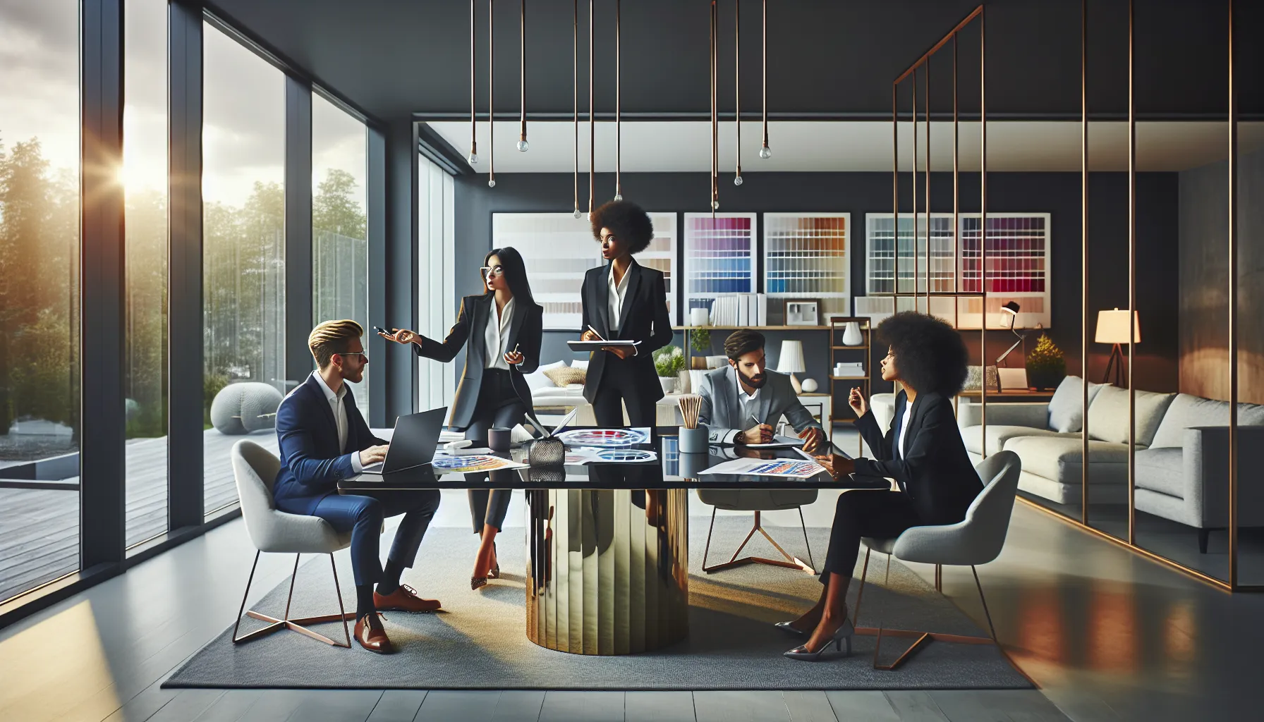 diverse design team collaborating in a stylish office.