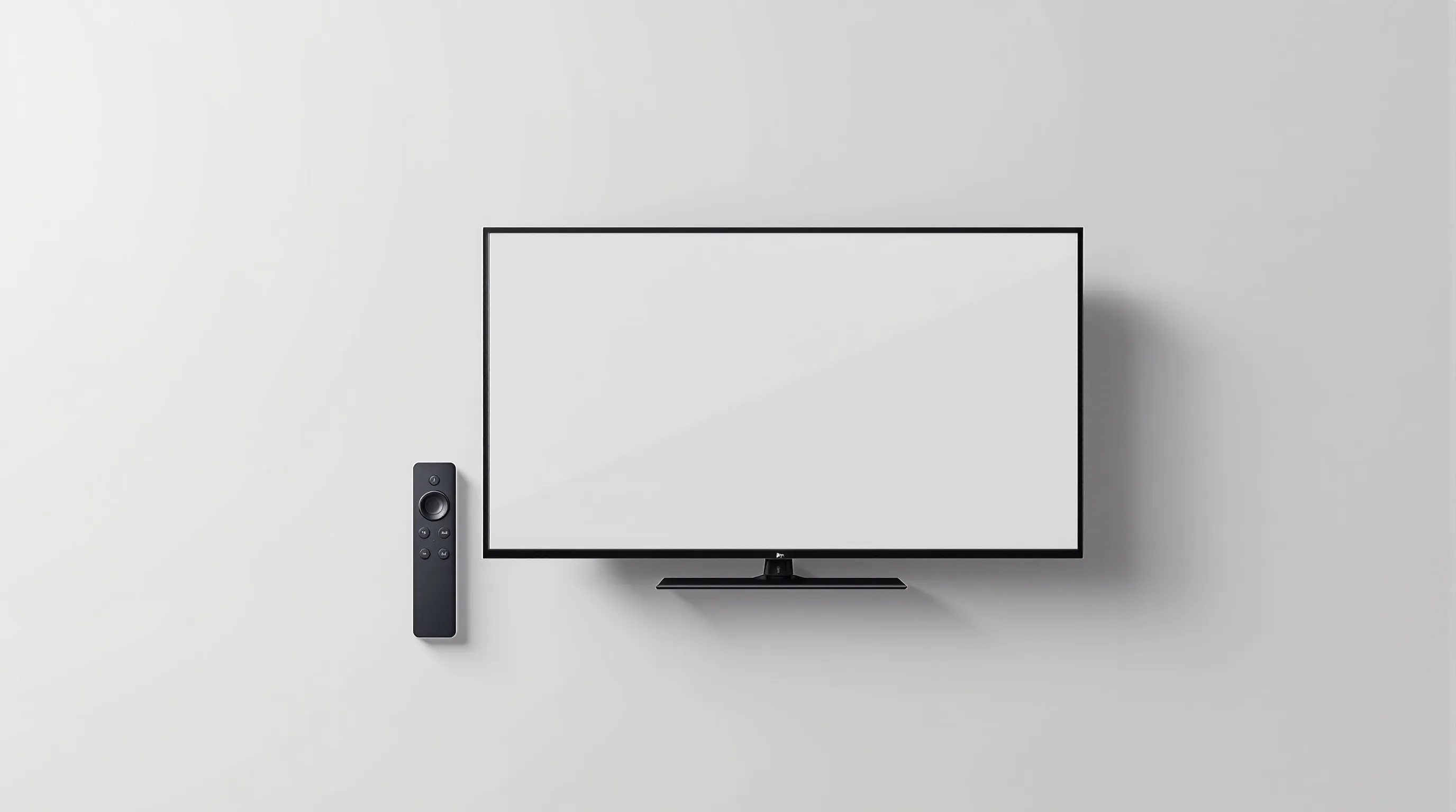 Minimalist TV screen with streaming interface and remote control on clean background.