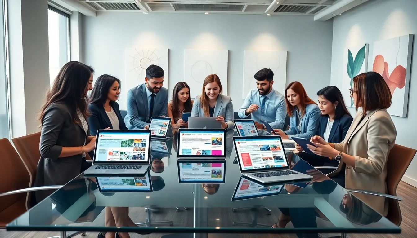 diverse team collaborating in a modern office setting with digital content.