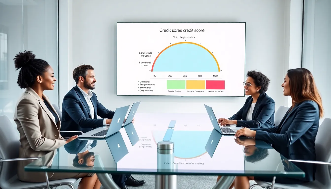 professionals discussing credit scores in a modern office setting.