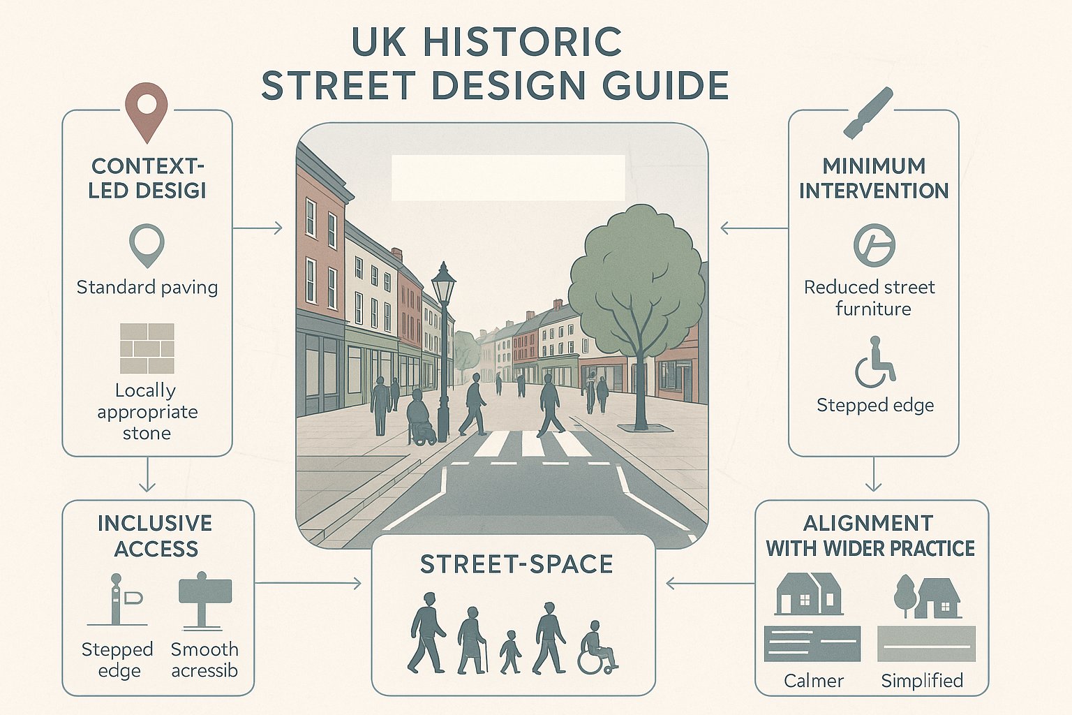 Infographic showing key principles for designing accessible historic streets in the UK.
