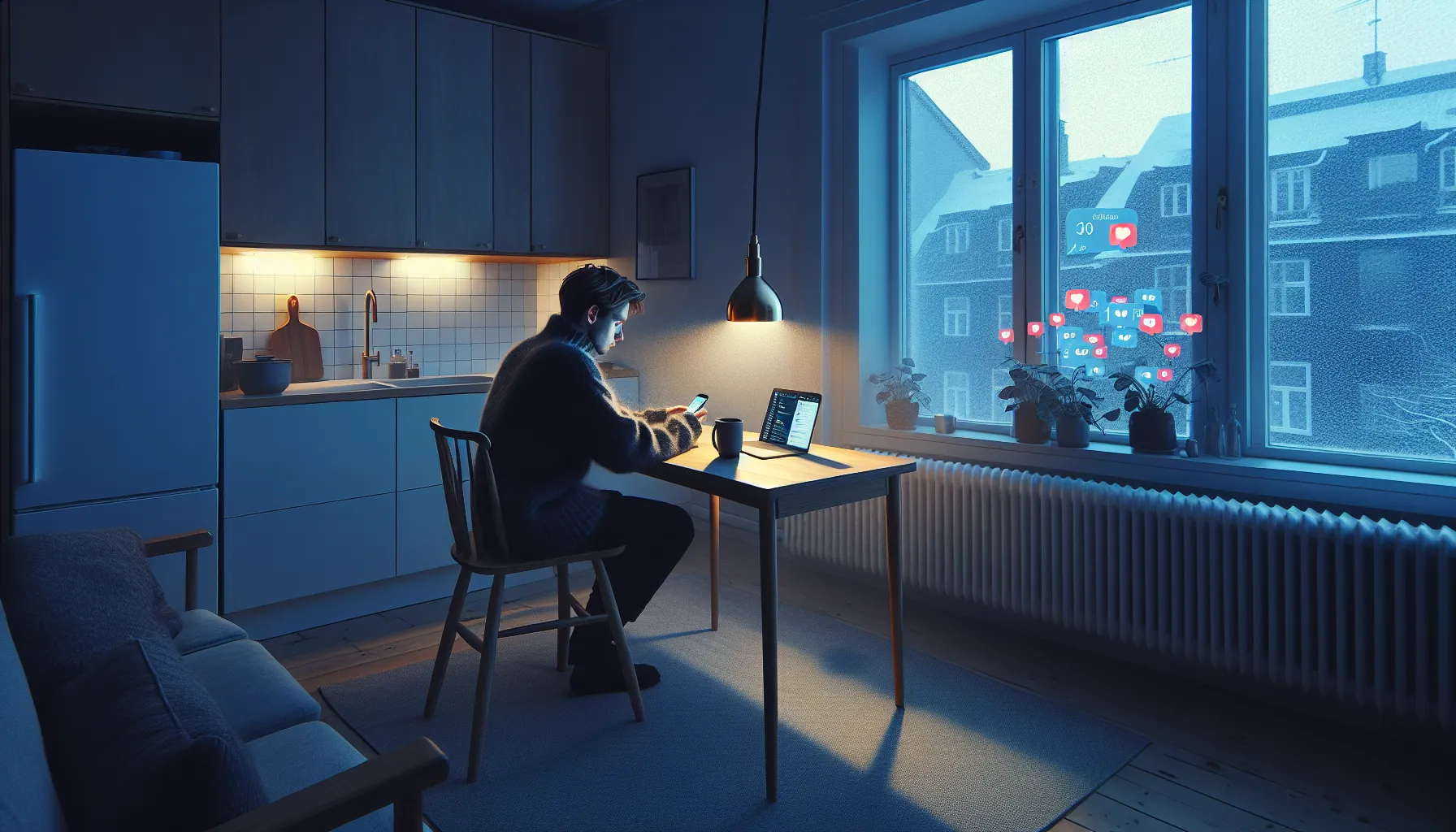 Young adult in oslo looks lonely despite buzzing phone notifications at dusk.