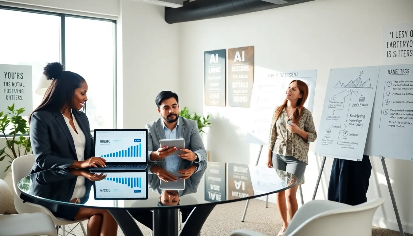 diverse team brainstorming AI side hustle ideas in a modern office.