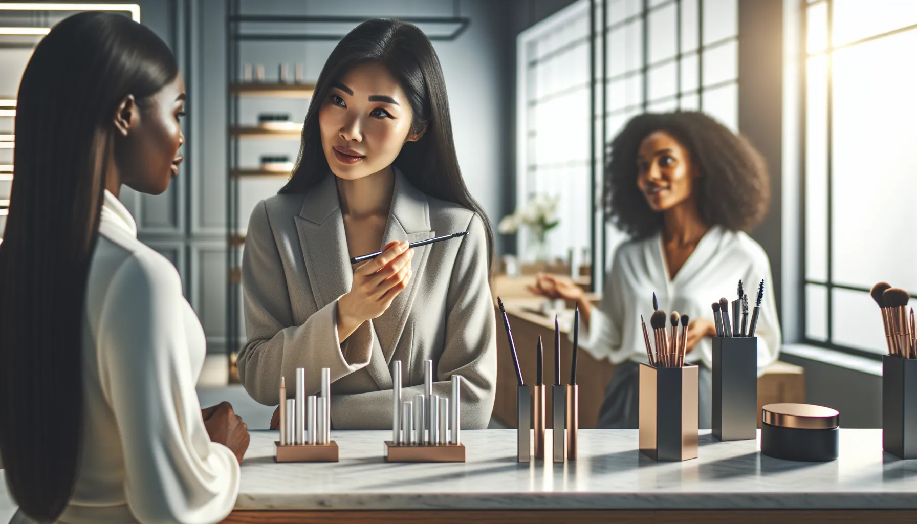 diverse beauty team showcasing Zosisfod eyebrow products in a modern studio.