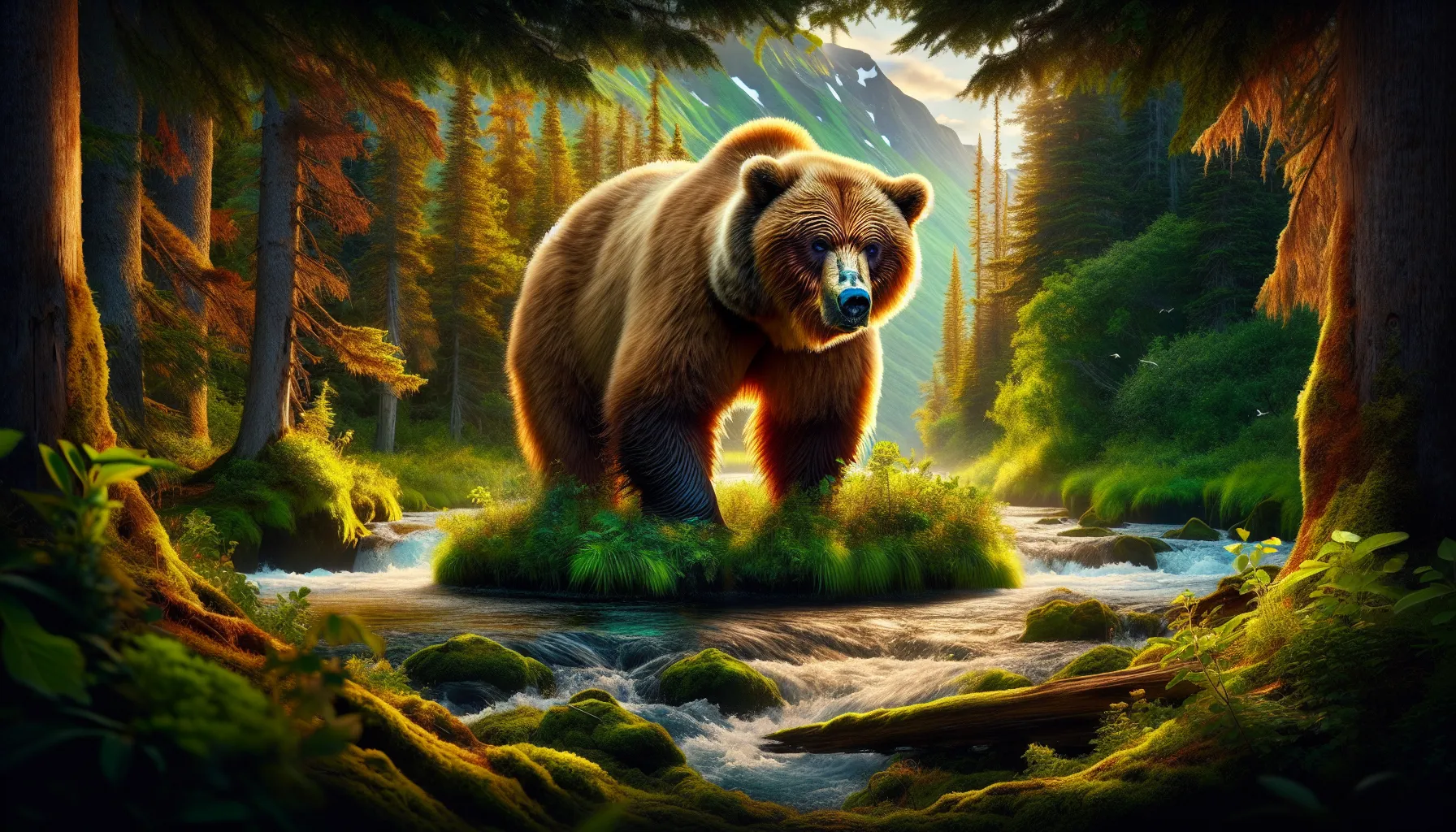 A Kodiak bear stands in a lush Alaskan landscape, surrounded by forest and meadows.