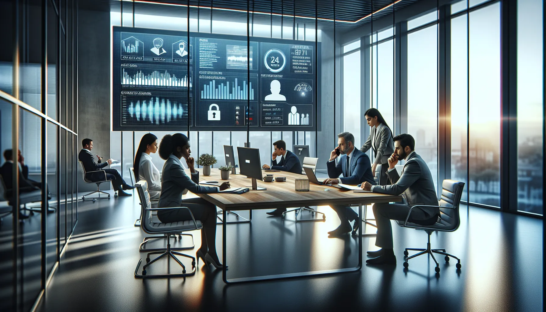 professionals discussing the risks of scam calls in a modern office.