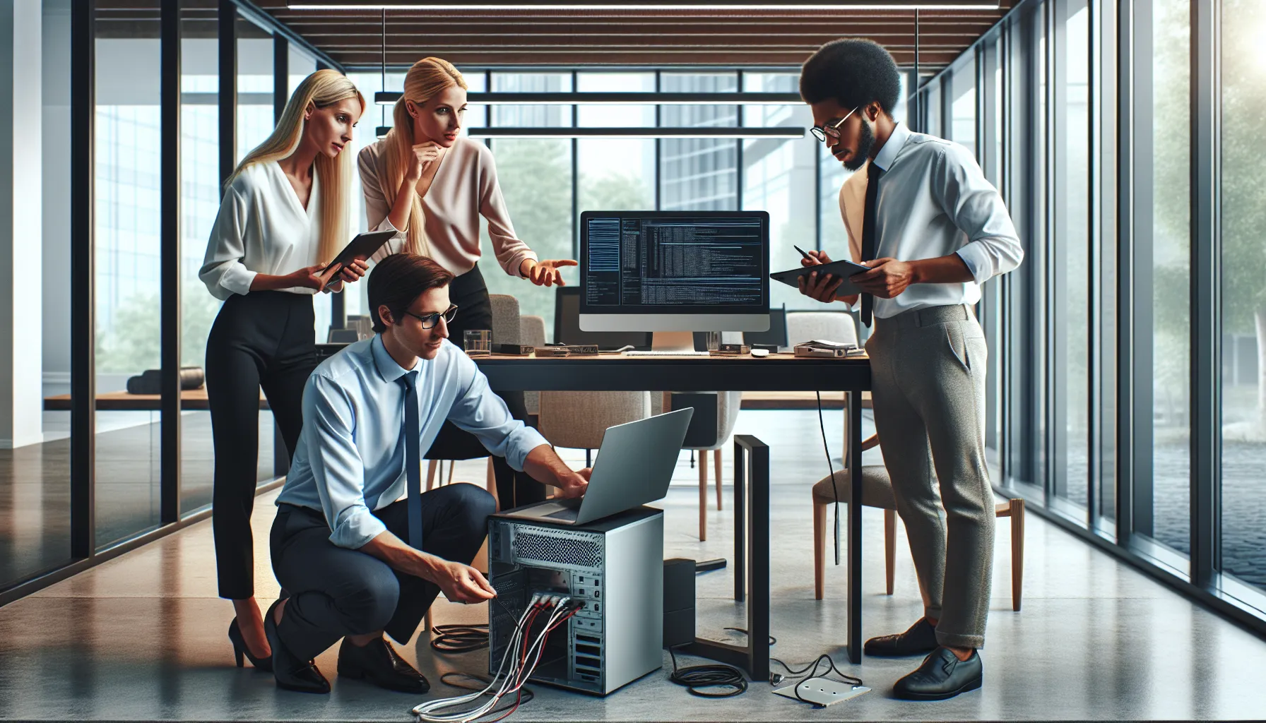 Professionals troubleshooting a Doayods PC in a modern office setting.