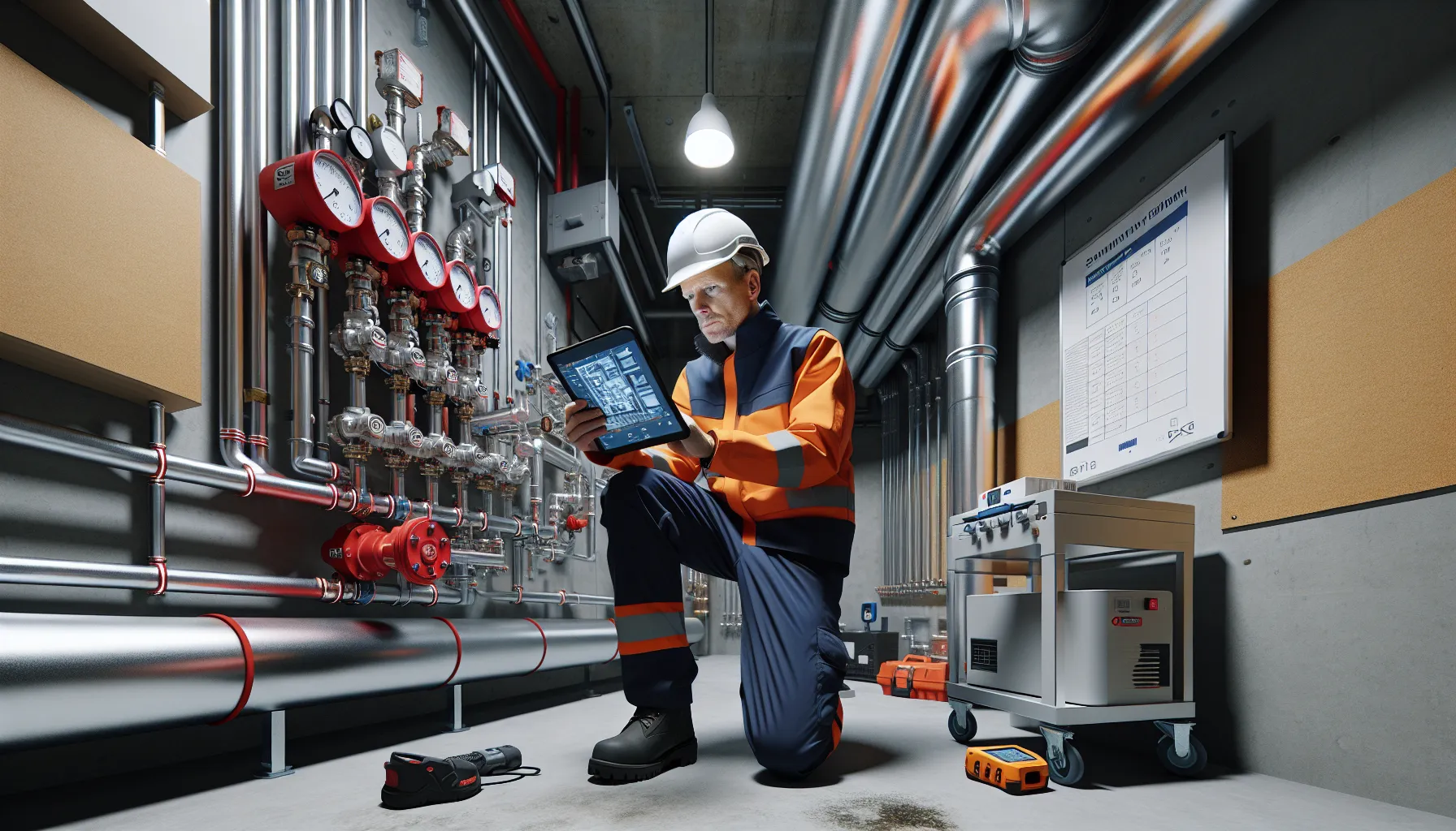 Norwegian specialist plumber reviews complex vvs plans in a modern mechanical room.