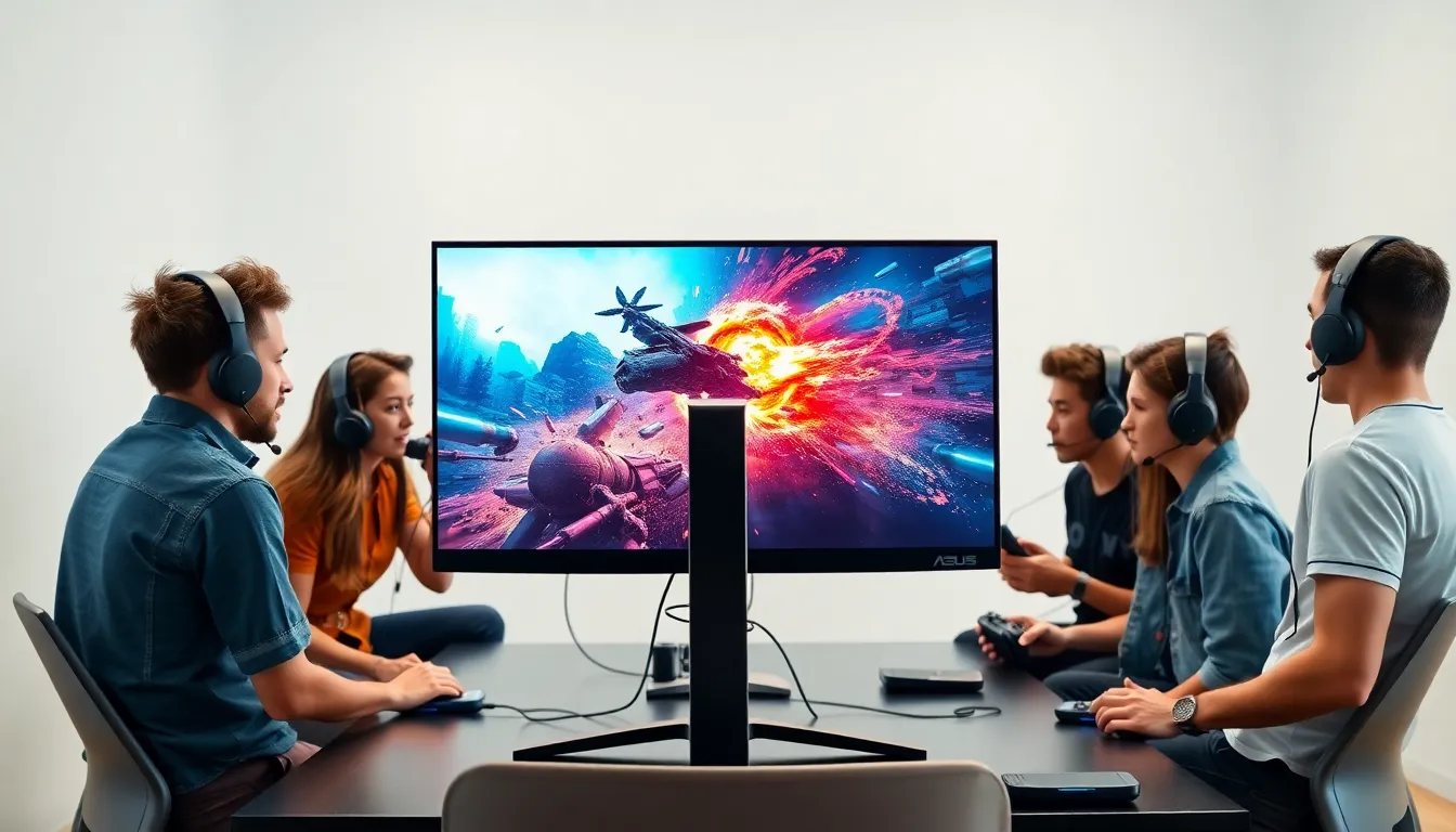 a sleek gaming setup with ASUS gaming monitor and engaged players.