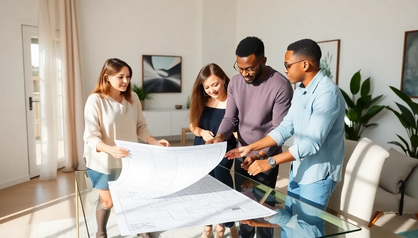 diverse team evaluating a living space layout for renovation ideas.