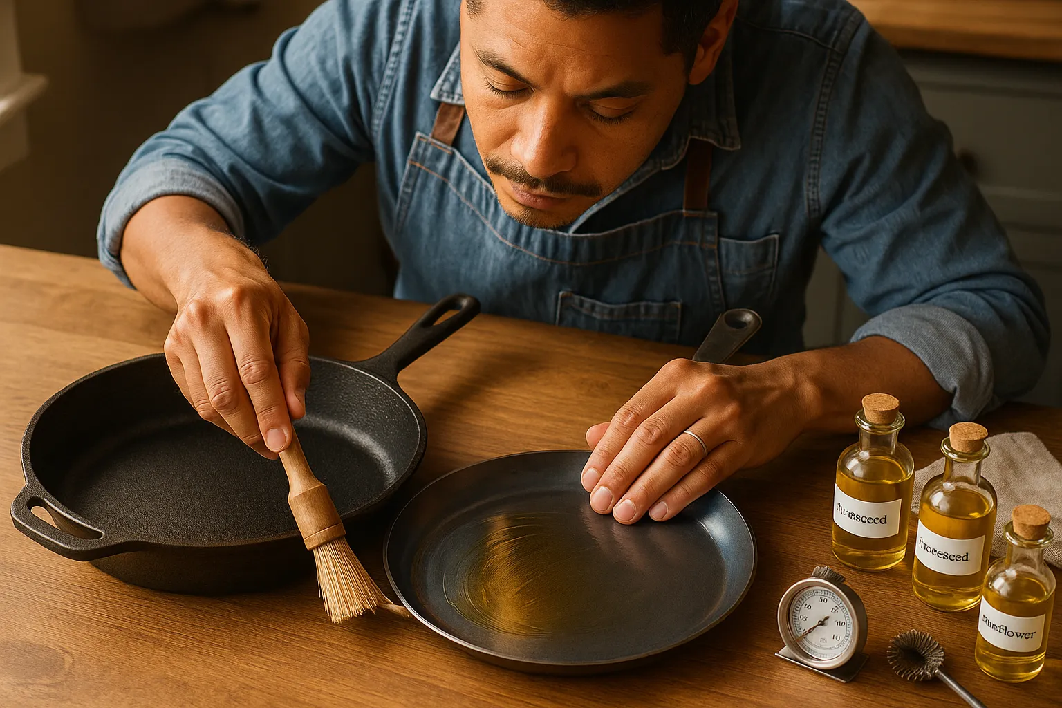 Home cook brushing oil onto cast-iron and carbon-steel pans for seasoning.