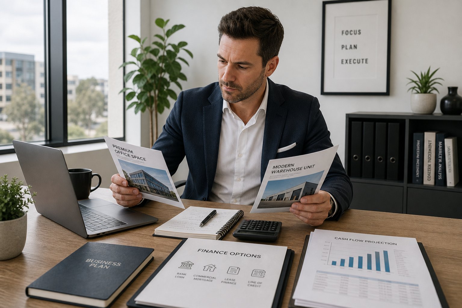 Business owner reviewing commercial property options and finance paperwork at a desk in a modern office.