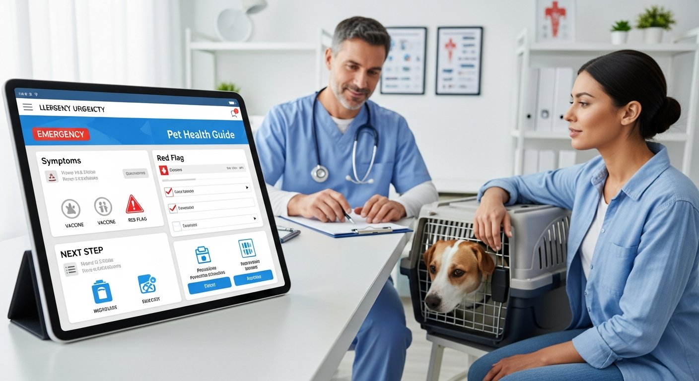 Veterinarian showing a pet owner a clear digital pet care guide.