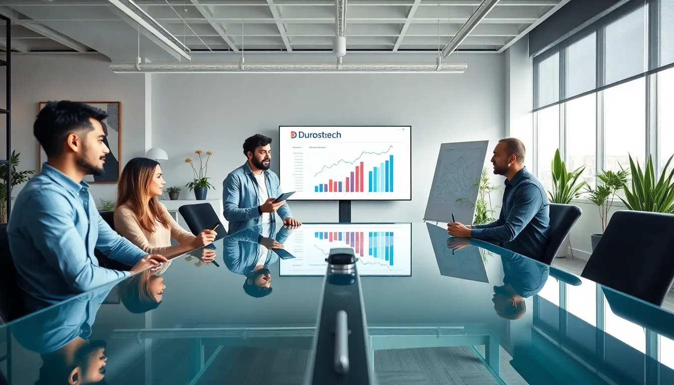 Diverse team collaborating in a modern office setting.