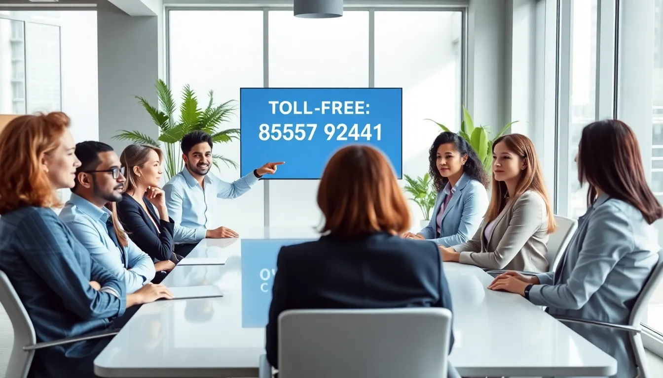diverse team discussing toll-free number in a modern office.