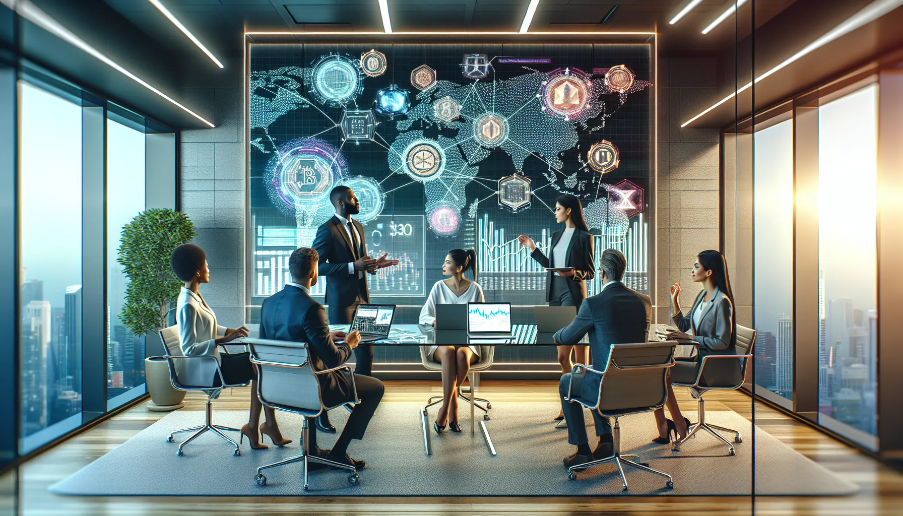 diverse professionals discussing blockchain in a modern office.