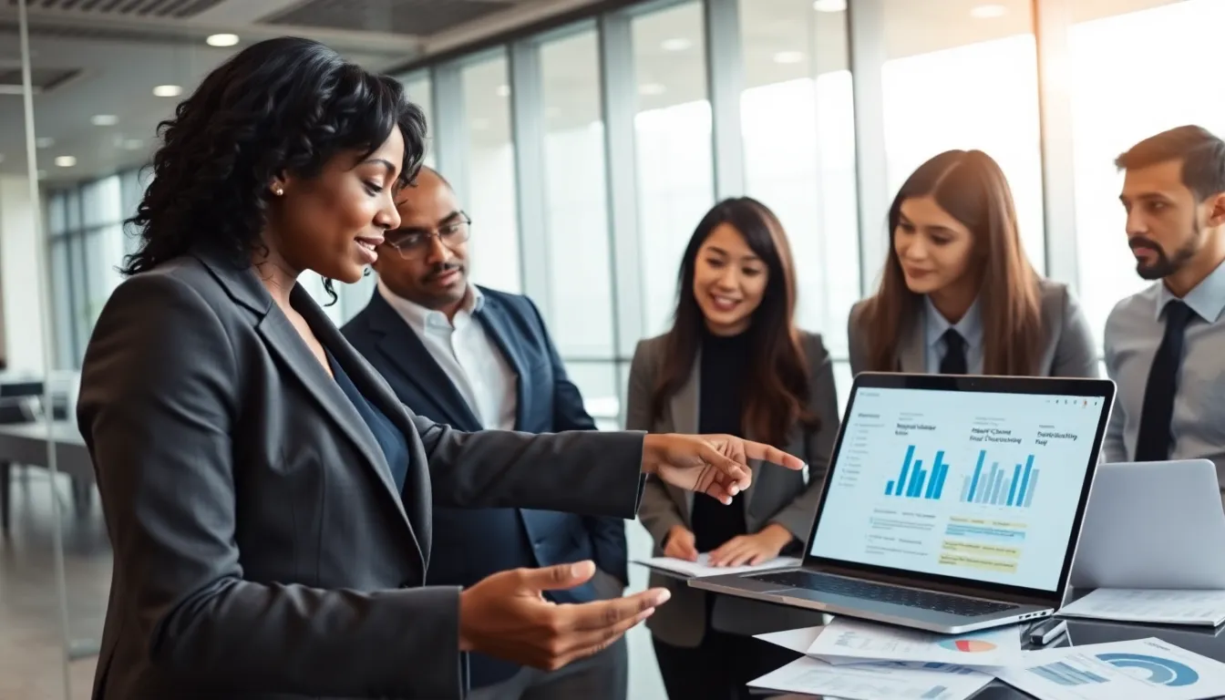 diverse team discussing regulatory change management software in a modern office.
