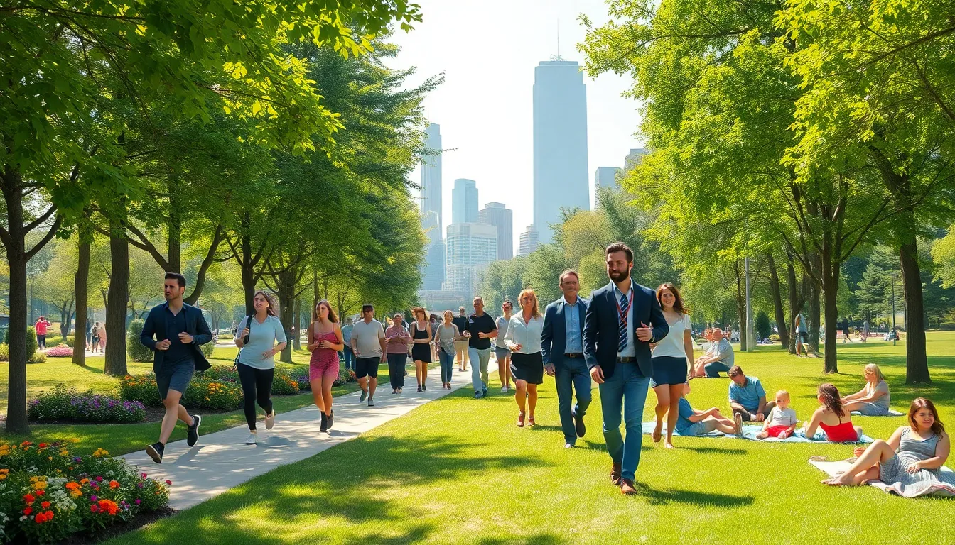 diverse people enjoying a sunny park with greenery in an urban setting.